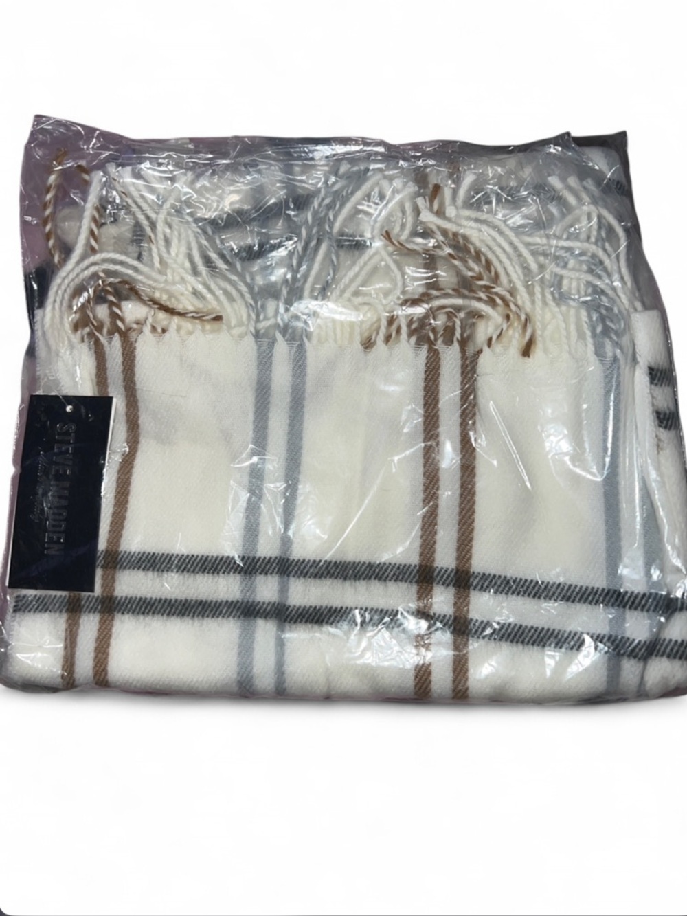 Steve Madden Cream Plaid Scarf with Brown and Gray Stripes nwt